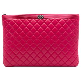 Chanel Red Large Quilted Calfskin Chain Boy O Case Clutch Red