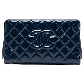 Chanel Blue CC Quilted Patent Timeless Clutch Blue Navy blue
