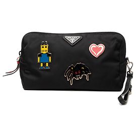 Prada Black Tessuto Robot Pins Wristlet Pouch Black