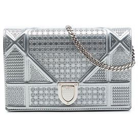 Dior Silver Metallic Patent Microcannage Diorama Wallet on Chain Silvery