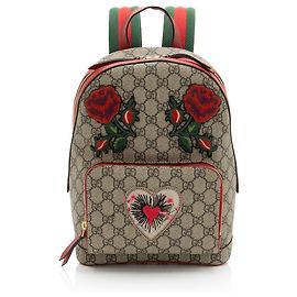 Gucci GG Supreme Embroidered Heart Roses Day Small Backpack Brown Beige