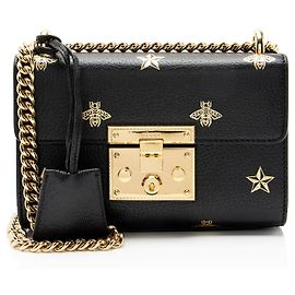 Mini bolsa de ombro Gucci em couro com cadeado de abelha e estrela Preto