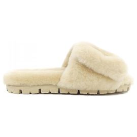 Sandales slides en shearling avec logo Triangle Prada Beige