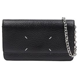 Maison Martin Margiela Bolsa de ombro com corrente em couro com textura de grão e costura aparente para mulher Preto Preto