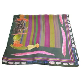 ETRO Milano 100% Silk Vegetable Fruit Grape Print Striped Scarf Stole Brown Pink Beige Green Purple Yellow