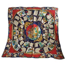 Carré Hermès de seda "Les Fables de La Fontaine" Branco Vermelho Azul Verde Gold hardware