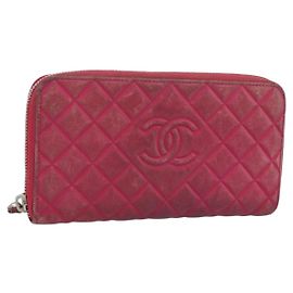 CHANEL Matelasse Long Wallet Lamb Skin Pink Silver CC Auth 193166 Silvery Pink