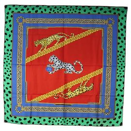 CARTIER Leopard Pattern Scarf Silk Green Blue Auth am12079M Blue Green