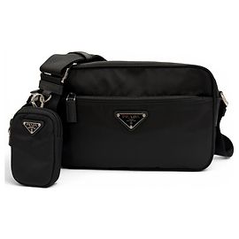 Prada Nylon Re-Nylon Triangle Logo Plate Shoulder Bag Black