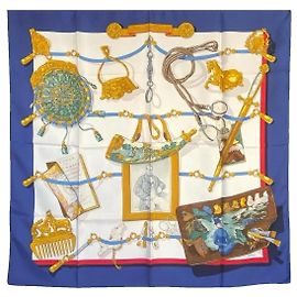 Hermès "Mémoire d'Hermès" Lenço de seda 90cm Marrom Branco Azul Dourado Gold hardware