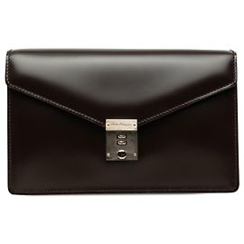 Salvatore Ferragamo Ferragamo Brown Leather Dial Lock Clutch Brown Dark brown