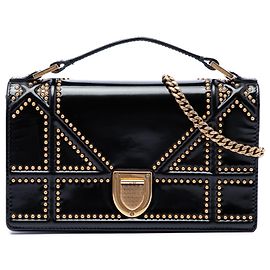 Dior Black Studded Patent Diorama Top Handle Wallet on Chain Black