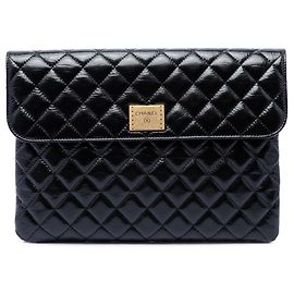 Chanel Black CC Quilted Patent Flap Clutch Black