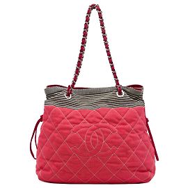 Chanel Red CC Quilted Denim Grosgrain Drawstring Tote Red
