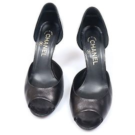 Chanel Black Leather Open-Toe Pumps Black