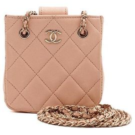 Chanel Mini bolsa de ombro em pele de cordeiro com corrente em ouro champagne Dourado