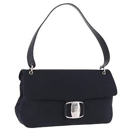 Salvatore Ferragamo Vala Hand Bag Canvas Black Silver Auth ka5410 Black Silvery