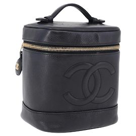CHANEL COCO Mark Vanity Pouch per trucchi Caviar Skin Black Gold CC Auth ka5432 Nero Altro
