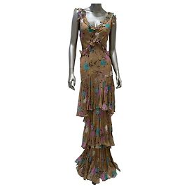 Vestido de noite John Galliano em seda floral com babados IT 42 Usado Outro