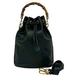 Bolsa de ombro em couro com logotipo Old Bamboo e ferragens Gucci Preto
