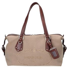Prada BR3461 Logo Jacquard Leather Handbag Brown Beige