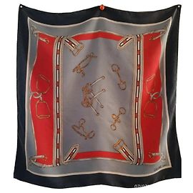 Céline Celine Paris Equestrian Motif Silk Carré Scarf White Red Blue Golden