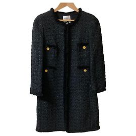 Autre Marque Abrigo largo de tweed sin cuello Edward Achour Paris Negro