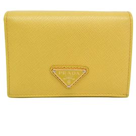 Prada Saffiano Triangle Logo Bi-Fold Wallet Yellow