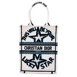 Tote Vertical Lucky Star en Toile Brodée Blanche Dior Blanc