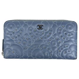 Chanel Camellia Blue Leather Long Wallet Blue