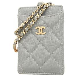 Tarjetero de piel de becerro granulado gris Chanel Castaño