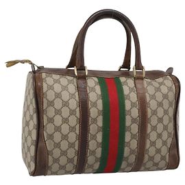 Borsa Boston GUCCI GG Supreme Web Sherry Line PVC Beige Oro Auth 193047 Beige D'oro