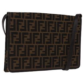 Bolsa de Ombro FENDI Zucca Canvas Marrom Ouro Auth 192615 Marrom Dourado