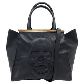PHILIPP PLEIN SKULL GRAIN LEATHER CABAS SHOULDER HANDBAG BLACK Black