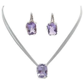 NEUF PARURE COLLIER & BOUCLES D'OREILLES CHRISTIAN LACROIX AMETHYSTE EN ARGENT Argenté