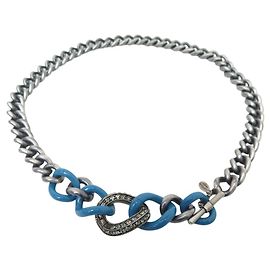 COLAR LANVIN VINTAGE SAUTOIR CORRENTE E STRASS 85CM EM METAL + CAIXA Azul