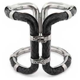 NEUF BRACELET LANVIN MANCHETTE 16CM CUIR PYTHON NOIR ACIER PALLADIE BANGLE Noir