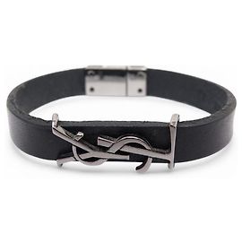 SAINT LAURENT CASSANDRE BRACELET 708815 16 CM BLACK LEATHER BANGLE Black