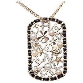 Collier Chanel Coco Mark Logo Clover Camellia Noir Doré