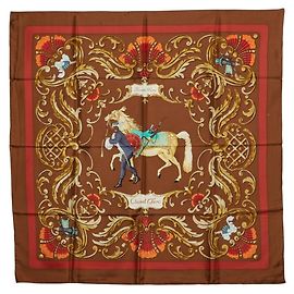 Hermès Sciarpa in seta Hermes Carre 90 Cheval Turc Marrone Multicolore