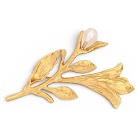 NUEVO BROCHE VINTAGE YVES SAINT LAURENT TALLO CON HOJA DE PERLA DE VIDRIO GOOSSENS Dorado