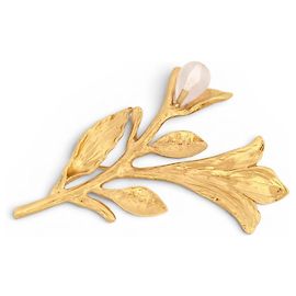 NUEVO BROCHE VINTAGE YVES SAINT LAURENT TALLO CON HOJA DE PERLA DE VIDRIO GOOSSENS Dorado