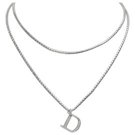 NEW DIOR DOUBLE CHAIN LOGO D STRASS SILVER NECKLACE Silvery