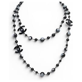 NUOVO COLLANA CHANEL CC LOGO CAMELIA LONG PERLE NERE 2012 NECKLACE Nero