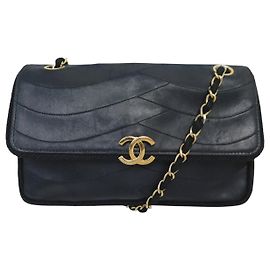 VINTAGE CHANEL RABAT LOGO CC BORSA A MANO IN PELLE NERA Nero
