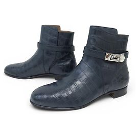 Hermès BOTAS CANO CURTO HERMES NEO COURO DE CROCODILO SANGON KELLY 38 BOOTS NOVAS Azul