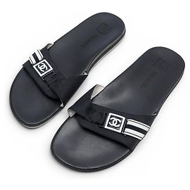 CHANEL G25119 MULE LOGO CC 37 SANDALI IN PELLE E TELA NERO Nero