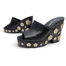 ZAPATOS CHANEL SANDALIAS PLATAFORMA MULES CAMELIA G31727 39.5 CUERO NEGRO Negro
