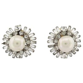 ORECCHINI VINTAGE CHANEL CLIP-ON PERLE E STRASS 1970'S BAGUETTE EARRINGS Argento