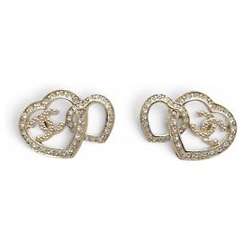 NUOVI ORECCHINI CHANEL DOUBLE HEART CC LOGO STRASS ABB666 D'oro